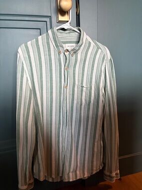 Sezane Men’s Cotton Linen Charlie Shirt - Ecru/Green